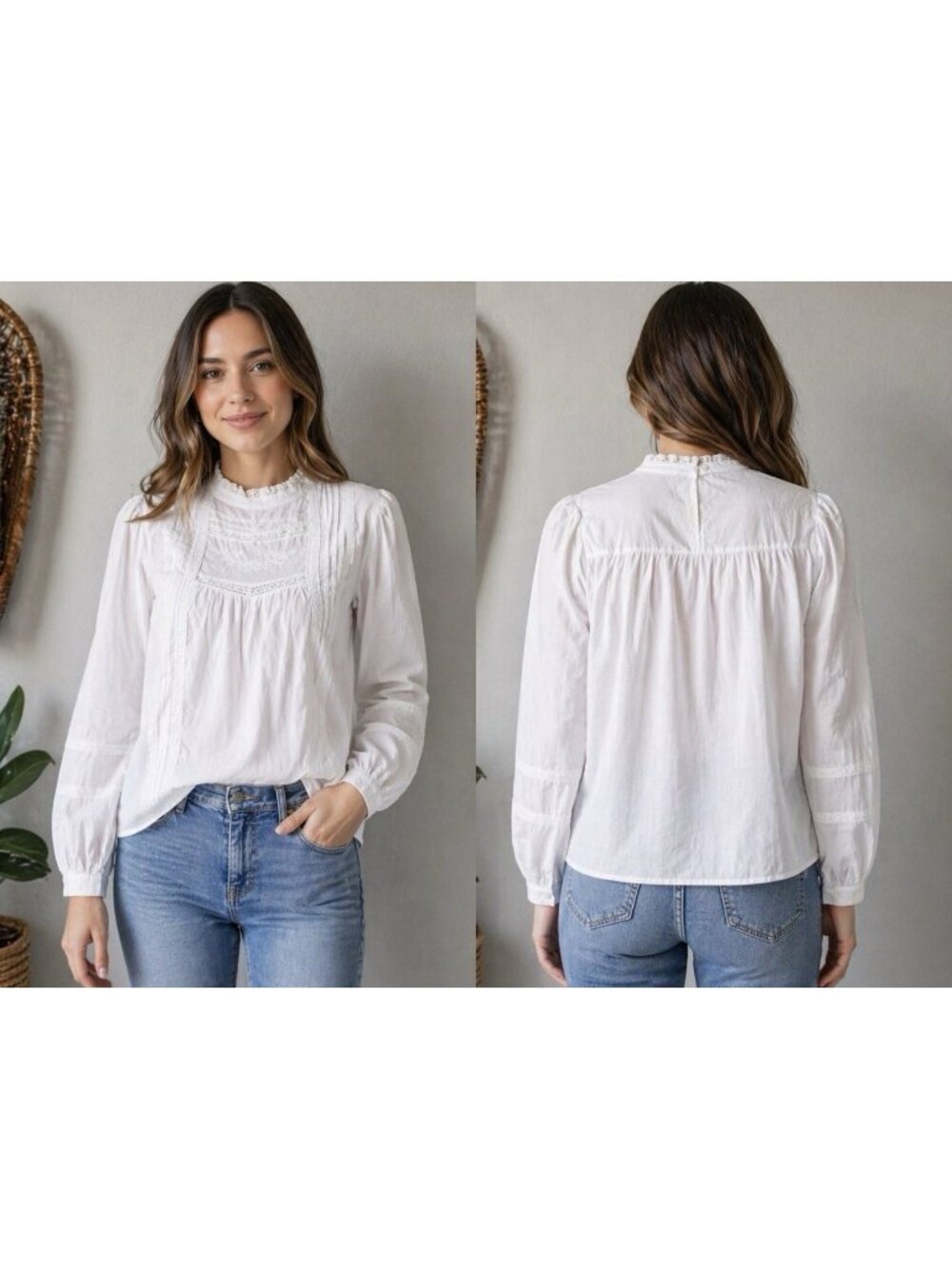 Spring + Mercer M White Long Sleeve Cottagecore Cotton Embroidered Shirt Top NEW